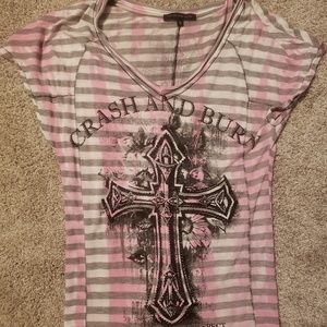Pink and gray stripped crash and burn tshirt